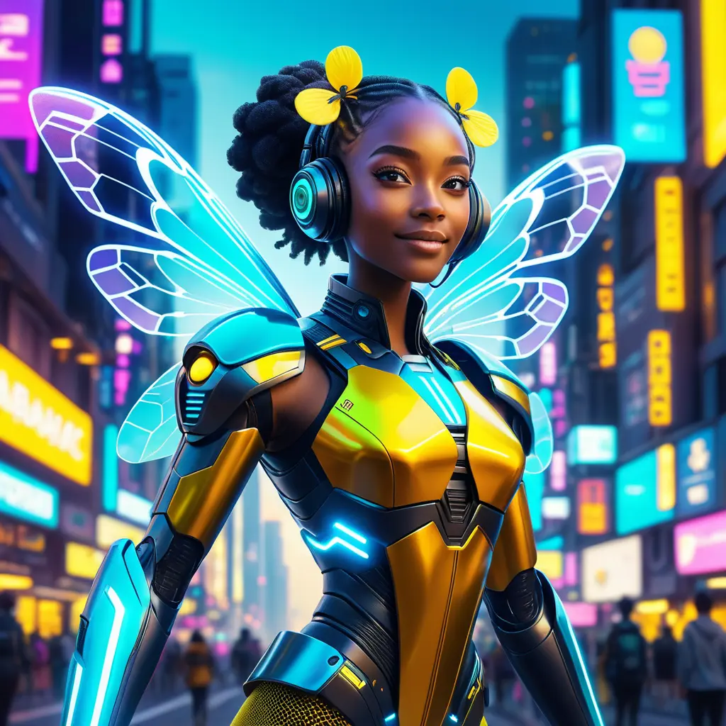 A Cyberpunk half bee and half Human girl with vizor, Afrofuturism, Cybernatic and Sci-Fi, Cityscape, Bloom light effect, Colorful, Ecstatic, Exciting, Joyful