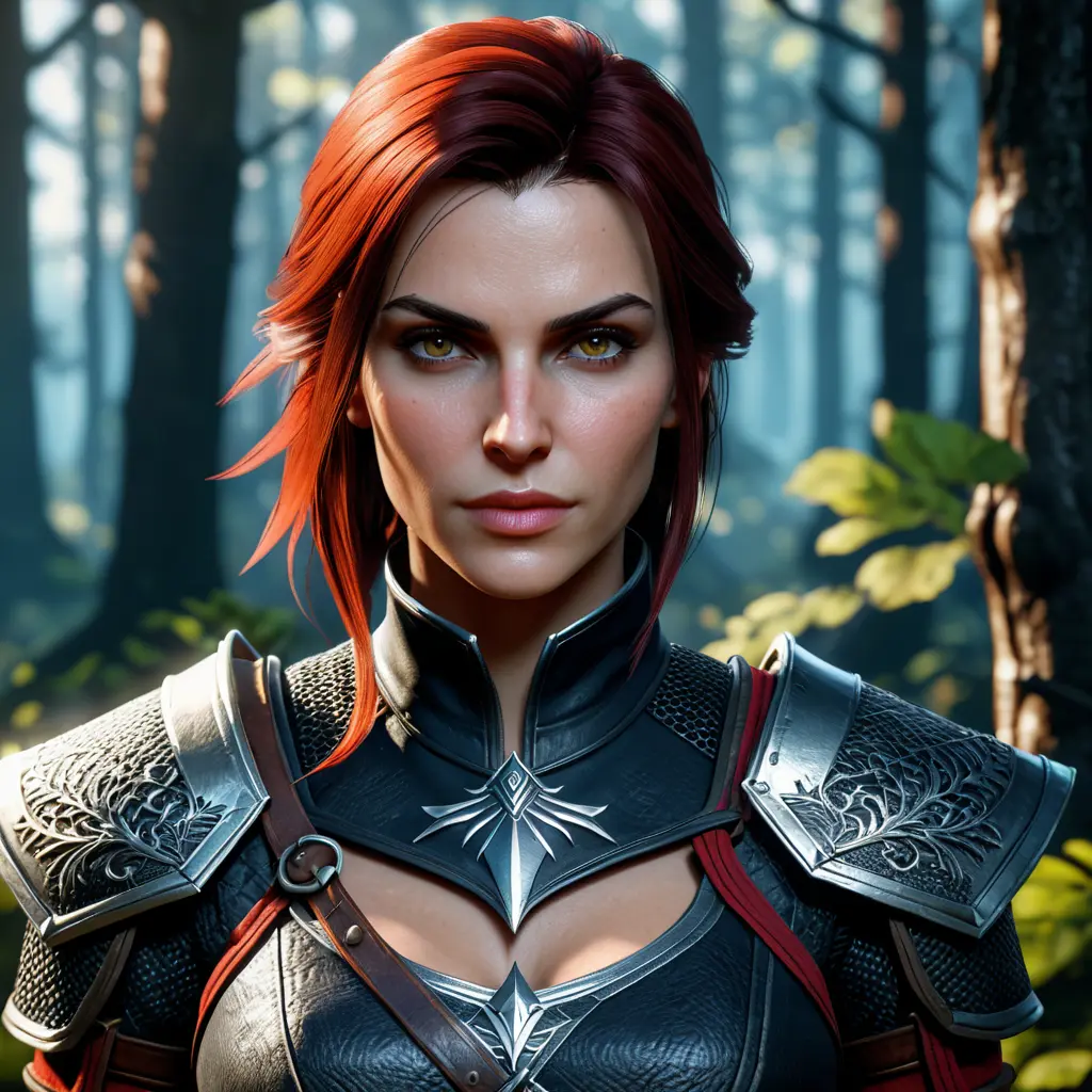 Portrait of an alluring witcher 3 female rouge assassin in an epic forest, 4k, Highly Detailed, Beautiful, Cinematic Lighting, Sharp Focus, Volumetric Lighting, Closeup Portrait, Concept Art