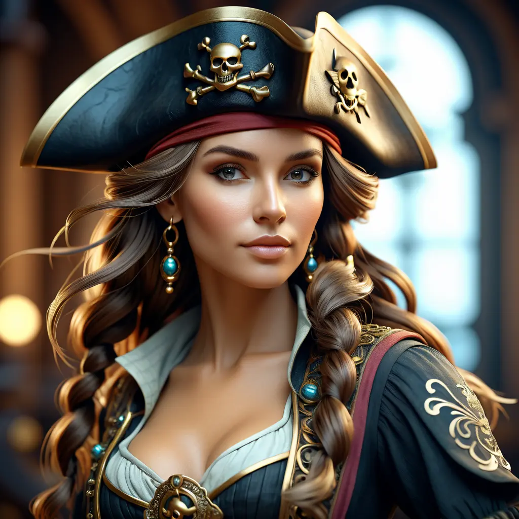 Alluring matte portrait of a beautiful female Pirate, 8k, Highly Detailed, Intricate, Half Body, Realistic, Sharp Focus, Volumetric Lighting, Fantasy, Elegant by Alphonse Mucha