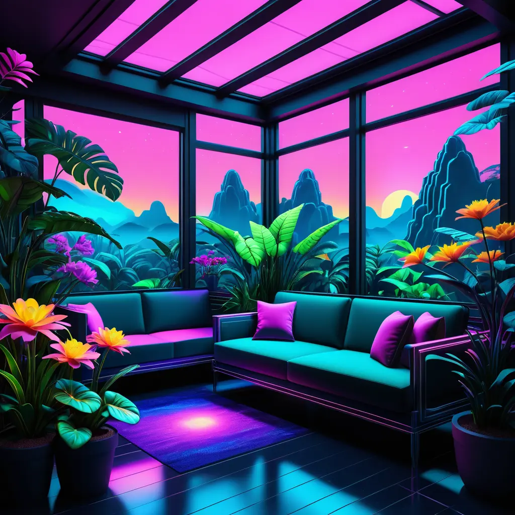 A beautiful render of city sunroom by georgia o'keeffe, galactic alien synthwave rainforest noir thermal imaging myst uv light, flowers, Highly Detailed, Digital Painting, Cinematic Lighting, Neon, Concept Art