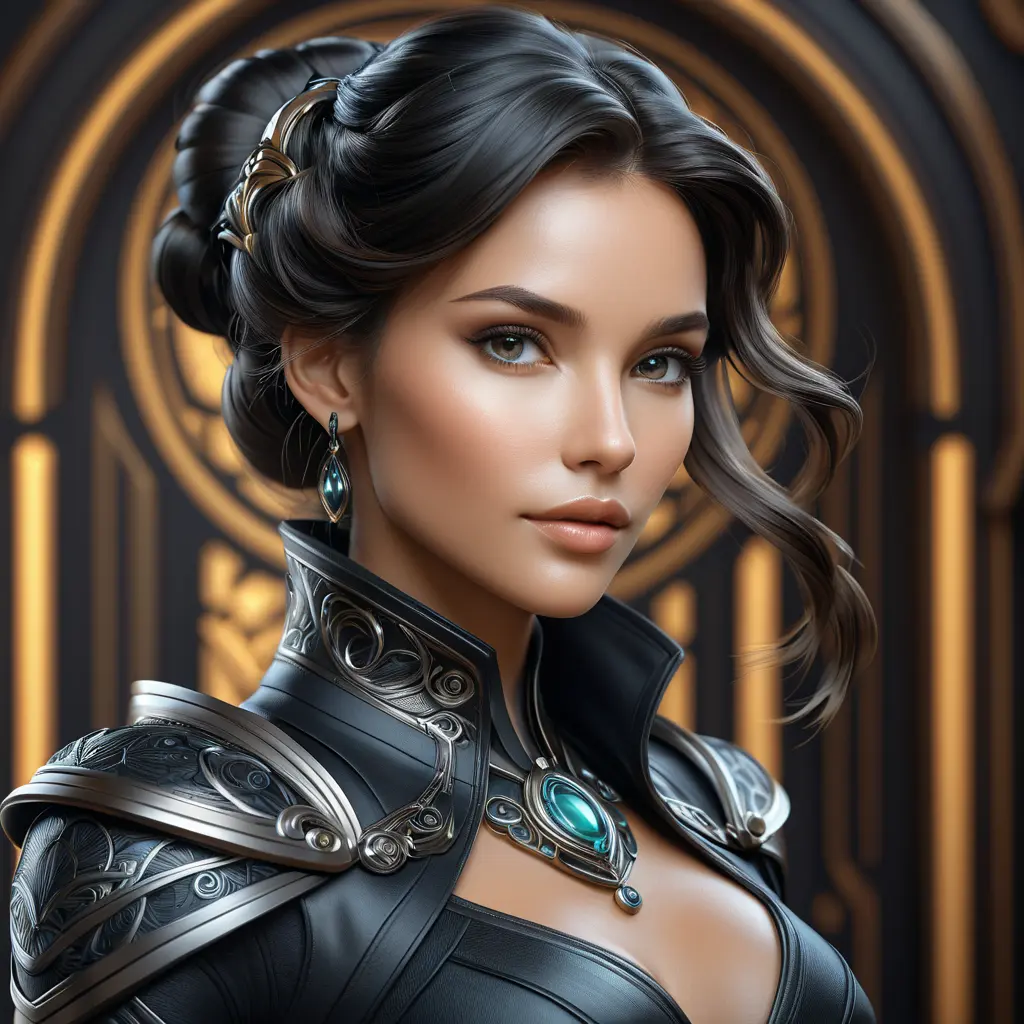 Alluring matte portrait of a beautiful Vex in black leather, 8k, Highly Detailed, Intricate, Half Body, Realistic, Sharp Focus, Volumetric Lighting, Fantasy, Elegant by Stanley Artgerm Lau, Alphonse Mucha, WLOP, Stefan Kostic