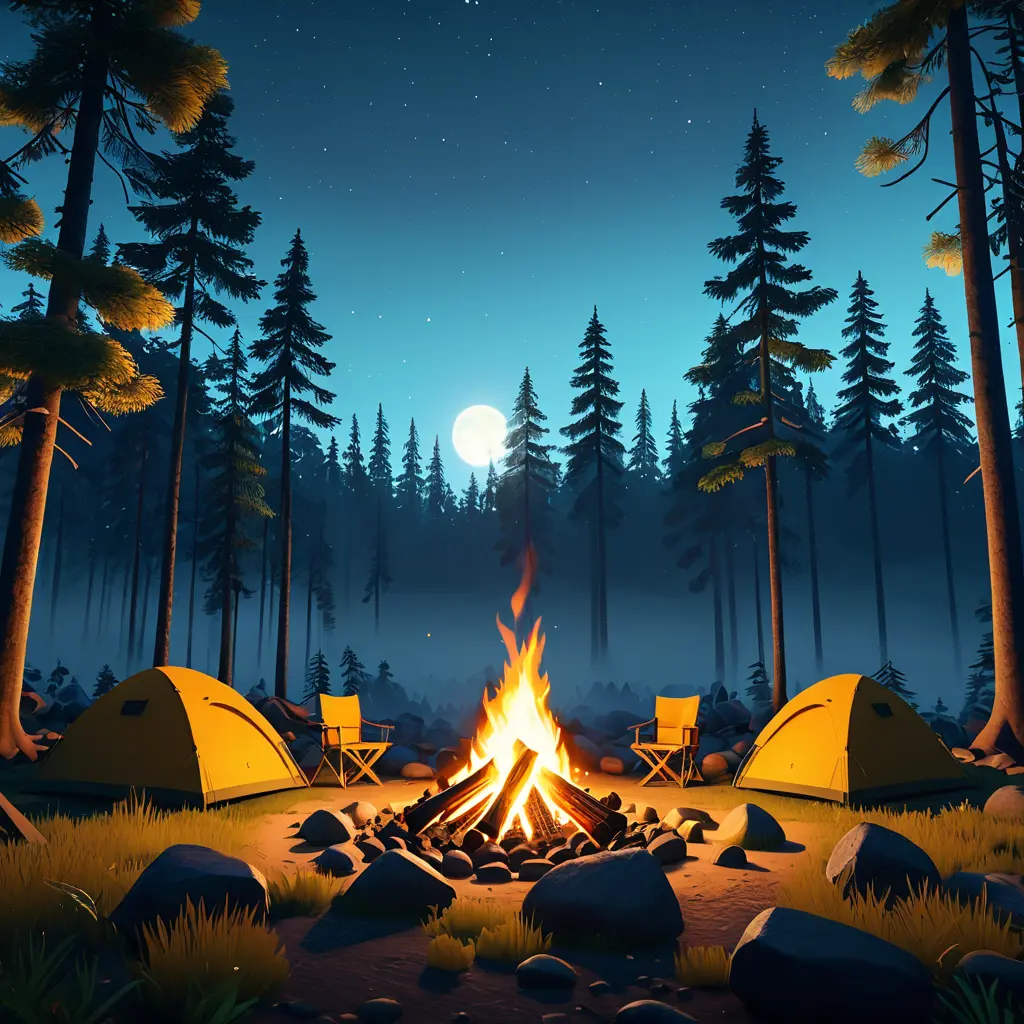 A highly detailed matte painting of a camp fire in the forest at night in the style of Firewatch, 4k resolution, Masterpiece, Trending on Artstation, Volumetric Lighting