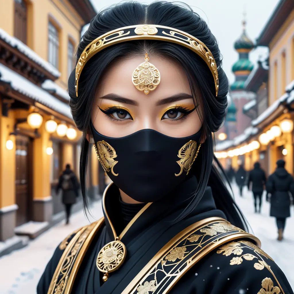 Alluring portrait of a mysterious beautiful masked kunoichi ninja wearing eyeliner and gold jewelry in the streets of a dark snowy town in moscow, fluid motion, 8k, Intricate Details, Trending on Artstation, Beautiful, Stunning by Stanley Artgerm Lau, WLOP