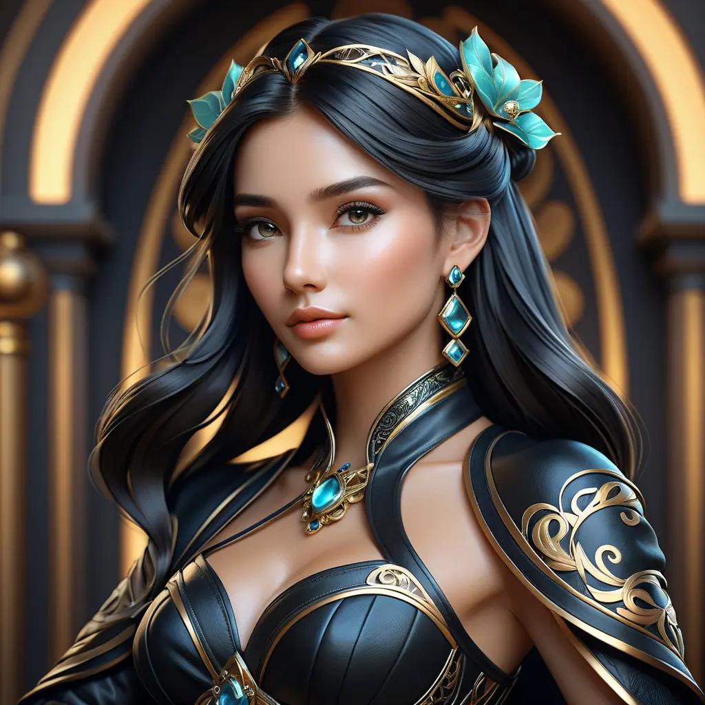 Alluring matte portrait of a beautiful Sona in black leather, 8k, Highly Detailed, Intricate, Half Body, Realistic, Sharp Focus, Volumetric Lighting, Fantasy, Elegant by Stanley Artgerm Lau, Alphonse Mucha, WLOP, Stefan Kostic