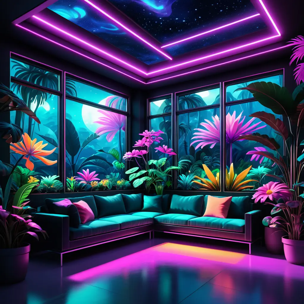 A beautiful render of city sunroom by georgia o'keeffe, galactic alien synthwave rainforest noir thermal imaging myst uv light, flowers, Highly Detailed, Digital Painting, Cinematic Lighting, Neon, Concept Art