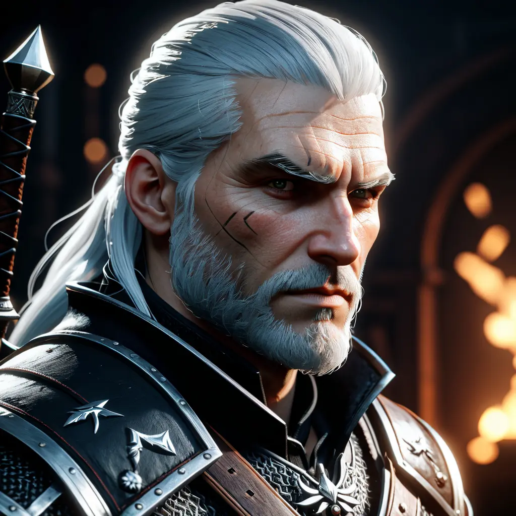 Geralt as a rouge assassin in The Witcher 3 Style, 4k, Highly Detailed, Beautiful, Cinematic Lighting, Sharp Focus, Volumetric Lighting, Closeup Portrait, Concept Art