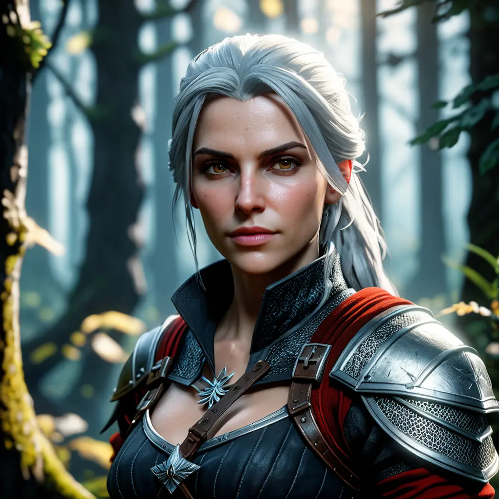 Portrait of an alluring witcher 3 female rouge assassin in an epic forest, 4k, Highly Detailed, Beautiful, Cinematic Lighting, Sharp Focus, Volumetric Lighting, Closeup Portrait, Concept Art