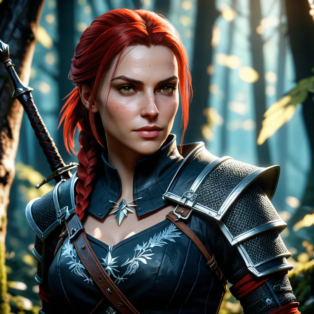 Portrait of an alluring witcher 3 female rouge assassin in an epic forest, 4k, Highly Detailed, Beautiful, Cinematic Lighting, Sharp Focus, Volumetric Lighting, Closeup Portrait, Concept Art