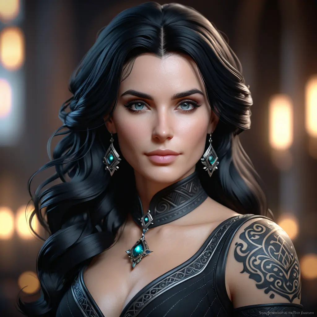 Matte portrait of Yennefer with tattoos, 8k, Highly Detailed, Alluring, Artstation, Bokeh effect, Sharp Focus, Volumetric Lighting, Concept Art by Stanley Artgerm Lau, Greg Rutkowski