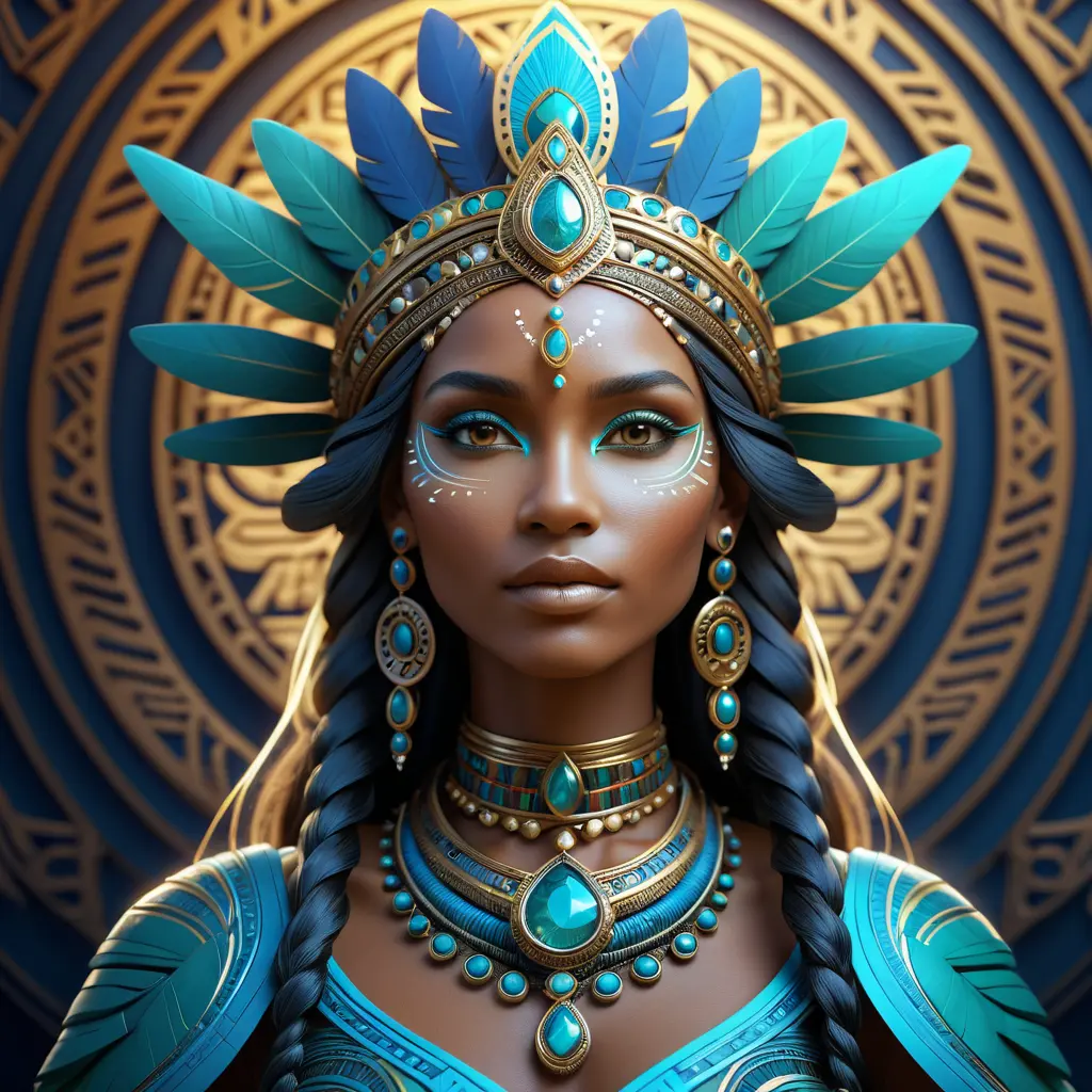 Alluring matte portrait of a beautiful mystical tribal queen, 8k, Highly Detailed, Intricate, Half Body, Realistic, Sharp Focus, Volumetric Lighting, Fantasy, Elegant by Alphonse Mucha