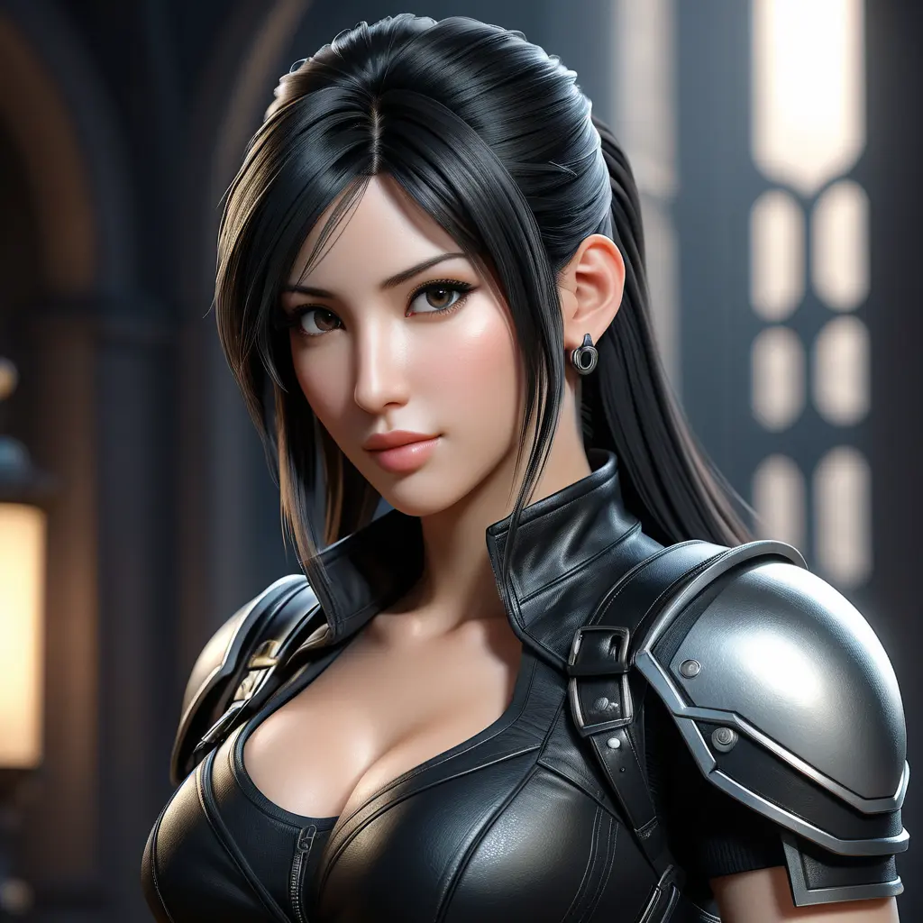 Alluring matte portrait of a beautiful Tifa Lockhart wearing black leather, 8k, Highly Detailed, Intricate, Half Body, Realistic, Sharp Focus, Volumetric Lighting, Fantasy, Elegant by Stanley Artgerm Lau, WLOP