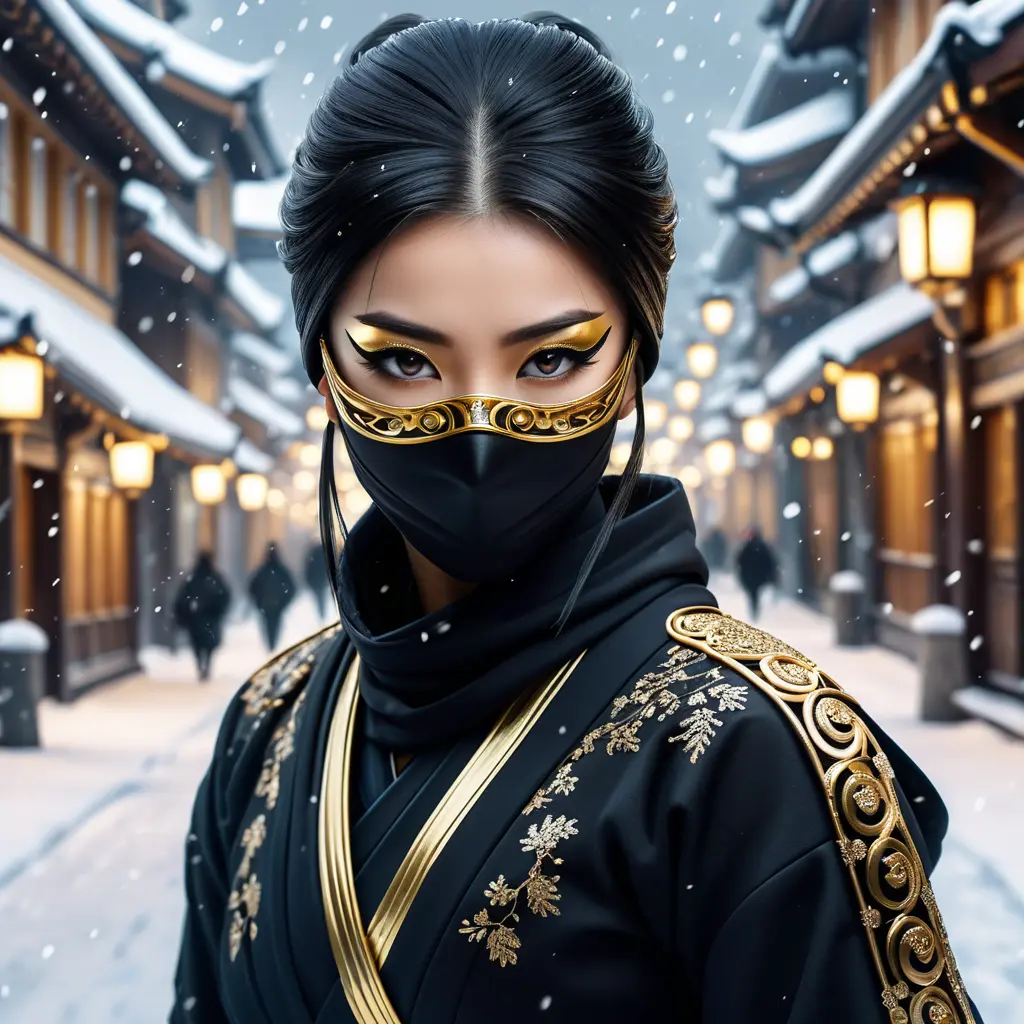 Alluring portrait of a mysterious beautiful masked kunoichi ninja wearing eyeliner and gold jewelry in the streets of a dark snowy town in moscow, fluid motion, 8k, Intricate Details, Trending on Artstation, Beautiful, Stunning by Stanley Artgerm Lau, WLOP