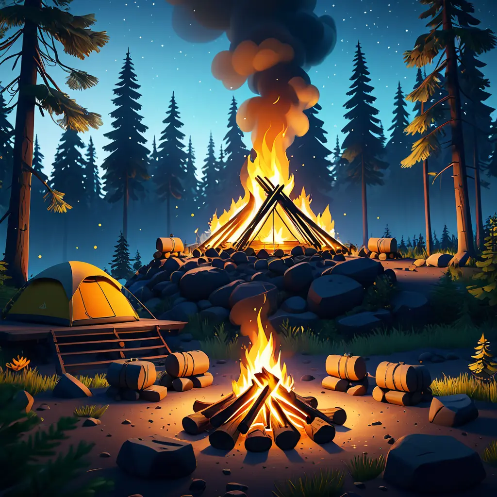 A highly detailed matte painting of a camp fire in the forest at night in the style of Firewatch, 4k resolution, Masterpiece, Trending on Artstation, Volumetric Lighting