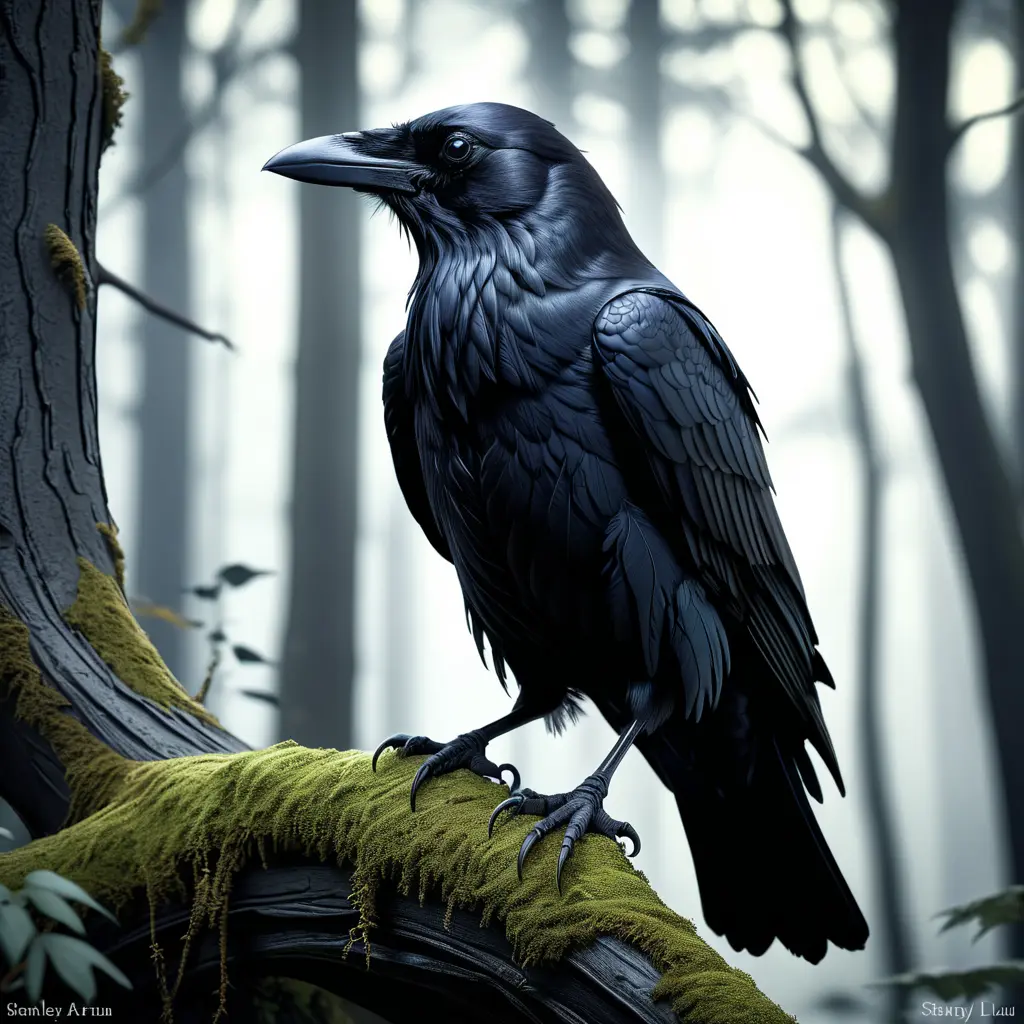 Raven in a haunted forest, Highly Detailed, Intricate, Gothic, Volumetric Lighting, Fantasy, Dark by Stanley Artgerm Lau