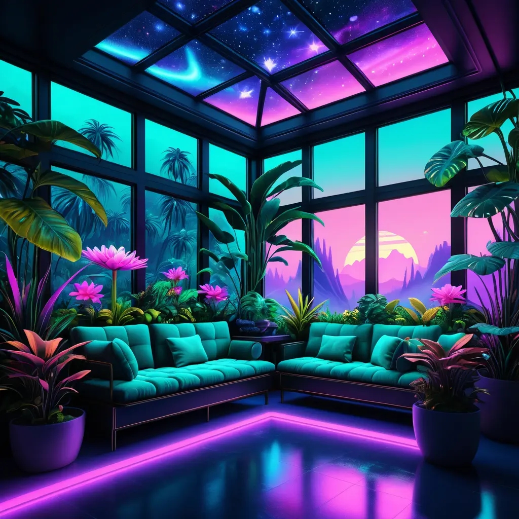 A beautiful render of city sunroom by georgia o'keeffe, galactic alien synthwave rainforest noir thermal imaging myst uv light, flowers, Highly Detailed, Digital Painting, Cinematic Lighting, Neon, Concept Art