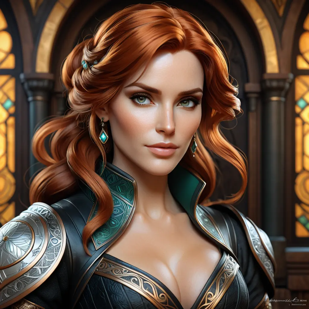 Alluring matte portrait of a beautiful Triss Merigold wearing black leather, 8k, Highly Detailed, Intricate, Half Body, Realistic, Sharp Focus, Volumetric Lighting, Fantasy, Elegant by Stanley Artgerm Lau, Alphonse Mucha, WLOP