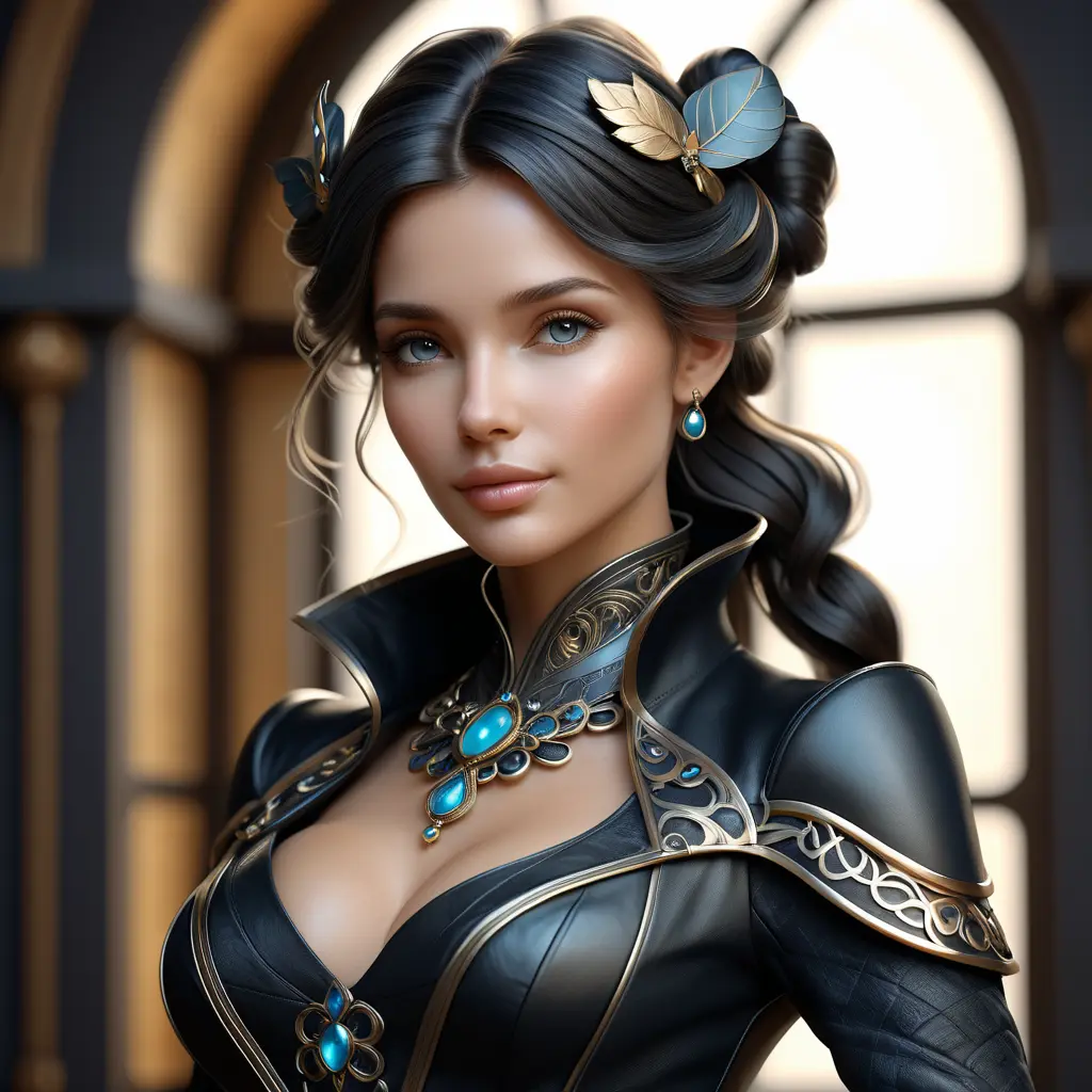 Alluring matte portrait of a beautiful Seraphine in black leather, 8k, Highly Detailed, Intricate, Half Body, Realistic, Sharp Focus, Volumetric Lighting, Fantasy, Elegant by Stanley Artgerm Lau, Alphonse Mucha, WLOP, Stefan Kostic