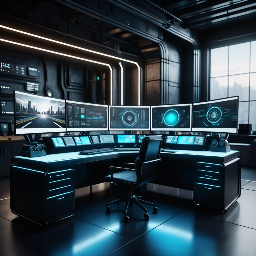 A dark industrial desk from the future with many monitors, Photo Realistic, Volumetric light effect, Octane Render, Unreal Engine, Ambient Occlusion, Maximalism, Industrial by Beeple