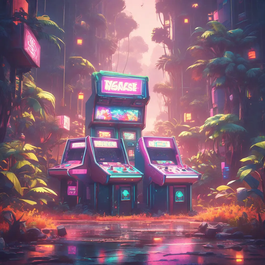 80s futuristic outdoor retro arcade, desolate, lush vegetation, Highly Detailed, Intricate, Artstation, Sharp Focus, Smooth, Octane Render, Centered, Dynamic, Elegant by Beeple, Justin Gerard, James Gilleard, Simon Stalenhag