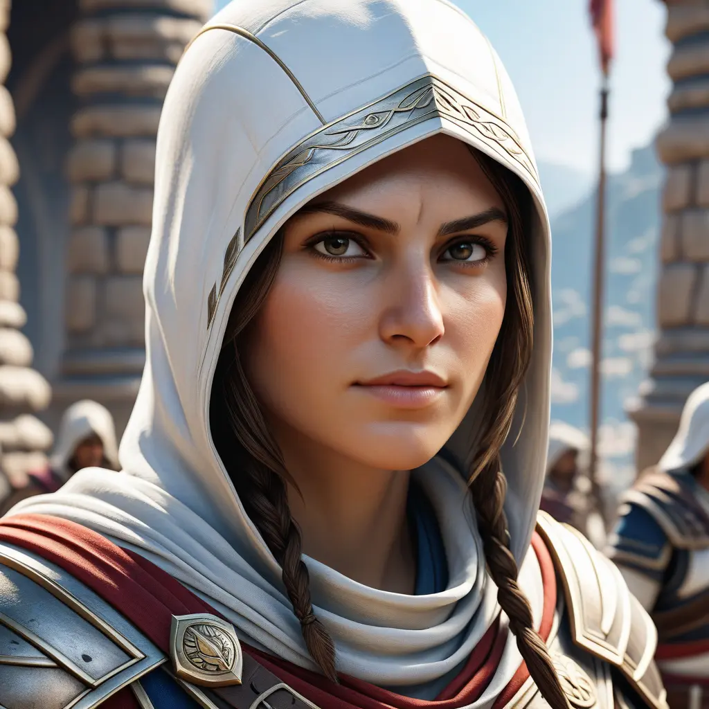 A closeup of Kassandra from Assassins Creed in white armor, 8k, Highly Detailed, Artstation, Beautiful, Digital Illustration, Sharp Focus, Unreal Engine, Concept Art