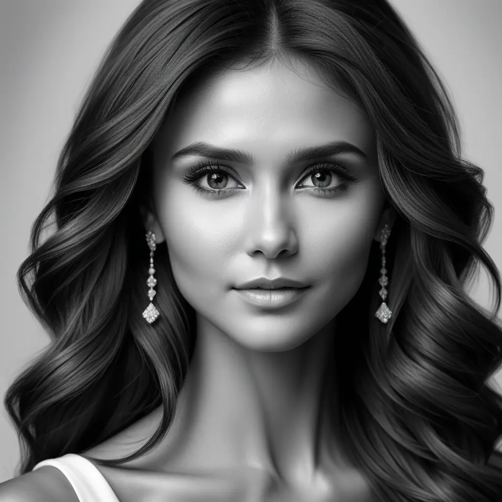 Alluring black and white portrait of a beautiful Nina Dobrev, 8k, Highly Detailed, Intricate, Half Body, Realistic, Sharp Focus, Volumetric Lighting, Fantasy, Elegant by Stanley Artgerm Lau