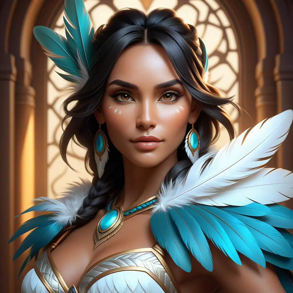 Alluring matte portrait of a beautiful Nidalee wearing feathers, 8k, Highly Detailed, Intricate, Half Body, Realistic, Sharp Focus, Volumetric Lighting, Fantasy, Elegant by Stanley Artgerm Lau, Alphonse Mucha, WLOP