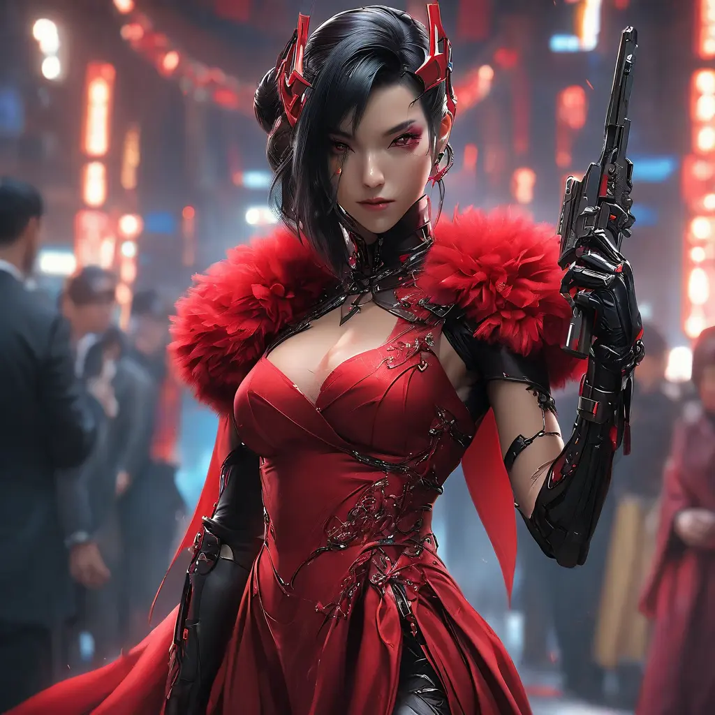 A dangerously armed asian feme fatale in silk red dress at a masquerade ball, Cyberpunk, Sci-Fi, Photo Realistic