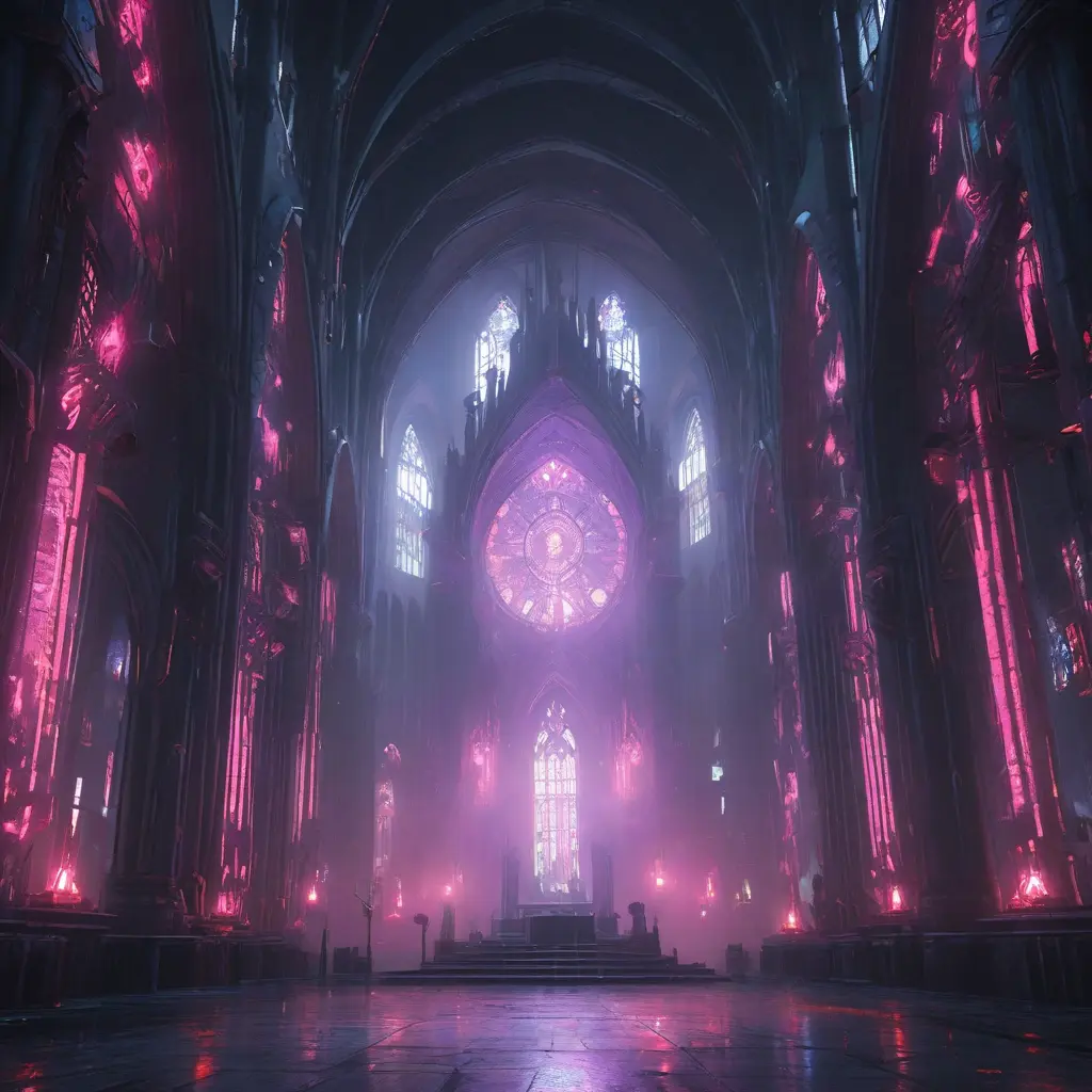 Cyberpunk Cathedral in a dystopian future, Dystopian, Cybernatic and Sci-Fi