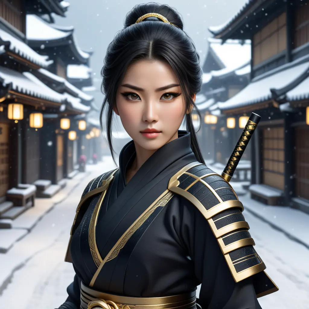 Mysterious beautiful armed kunoichi ninja wearing eyeliner and gold jewelry in the streets of a dark snowy town, 8k, Intricate Details, Trending on Artstation, Beautiful, Stunning, Centered by Stanley Artgerm Lau, WLOP