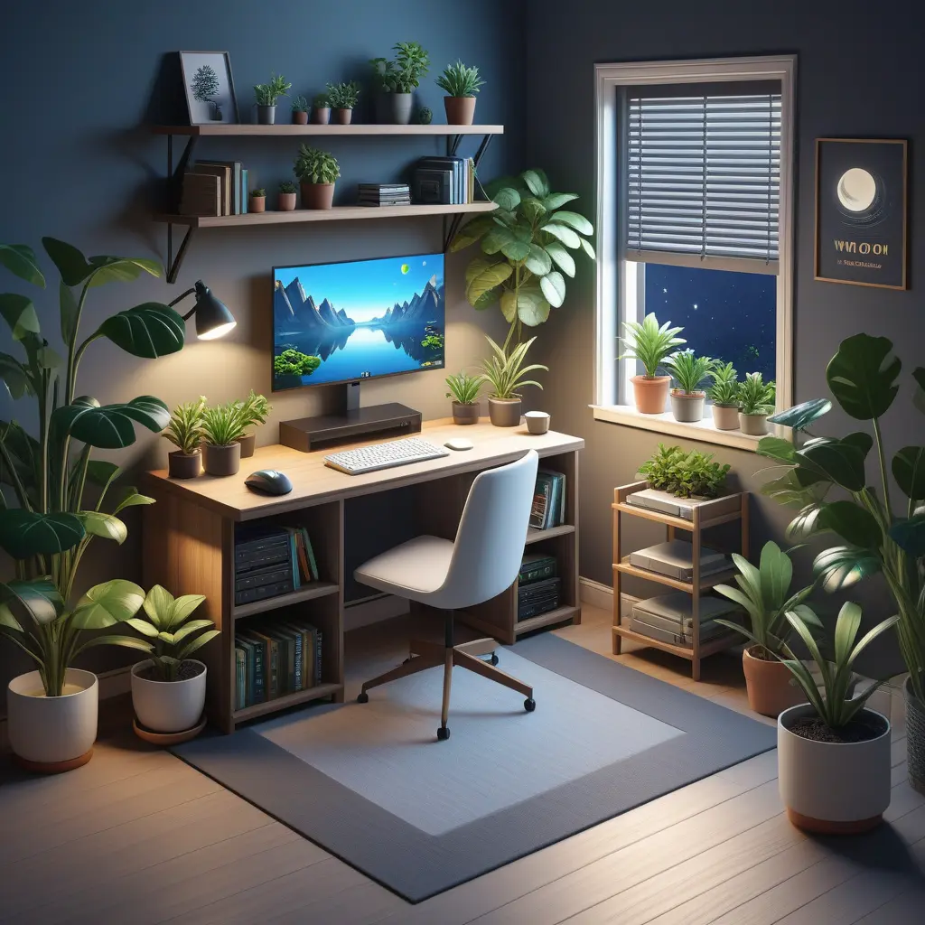 Nostalgic bedroom with a gaming pc, windows, plants bookshelves, desk, 3d art, muted colors, perfect lighting, night time, Highly Detailed, Behance, Isometric, 3D Rendering, Concept Art by WLOP