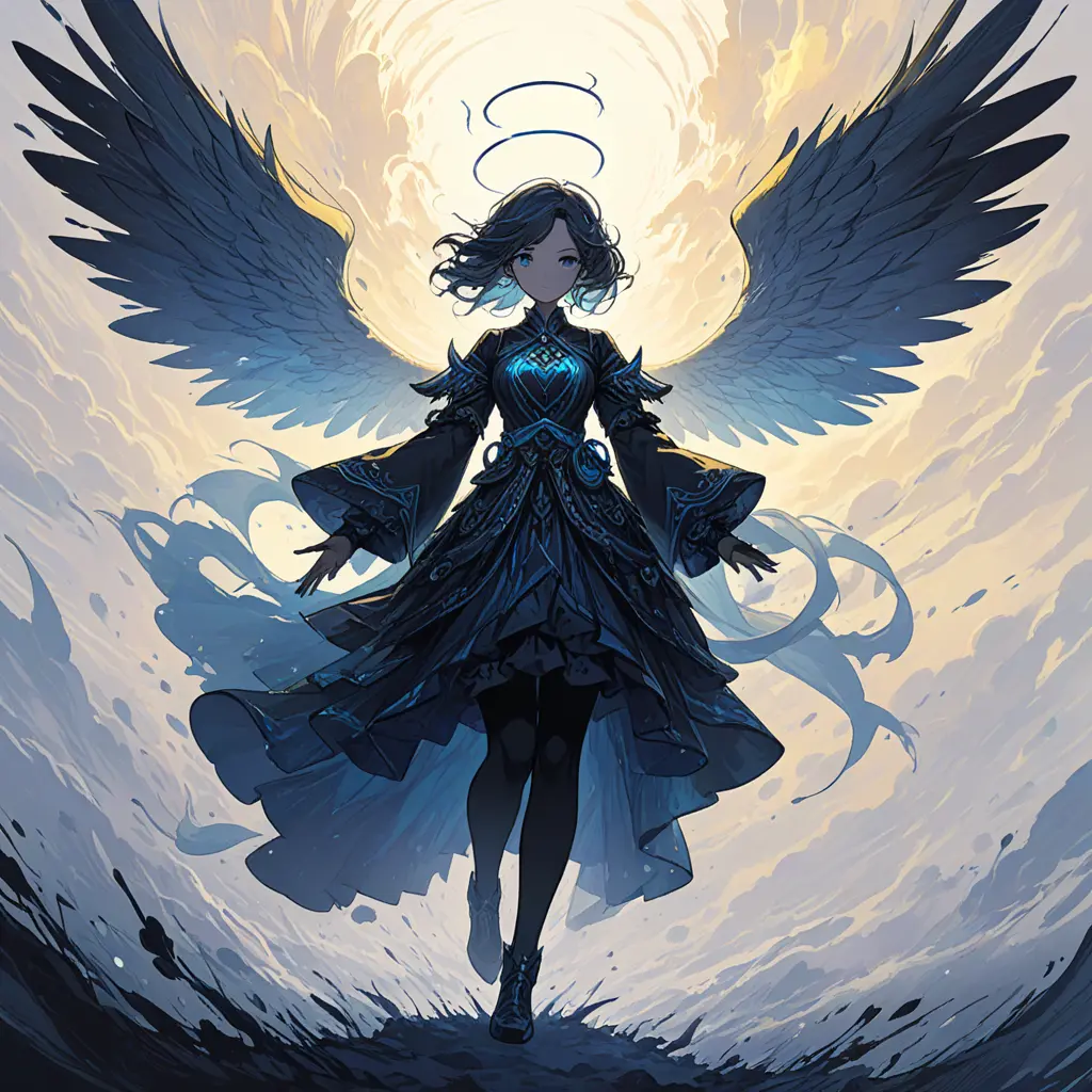 Silhouette of an Angel emerging from the fog of war, ink splash, Highly Detailed, Vibrant Colors, Ink Art, Fantasy, Dark by Stanley Artgerm Lau