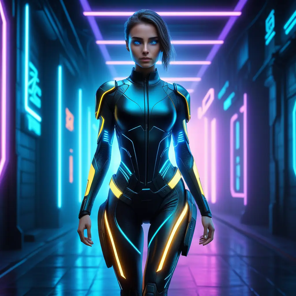 Beautiful woman walking with beatiful and detailed eyes, dynamic pose, slightly athletic beatiful body, Cybernatic and Sci-Fi, Full Body, Cyberpunk, Blade Runner 2049, Neon light effect, Neon, Futurism