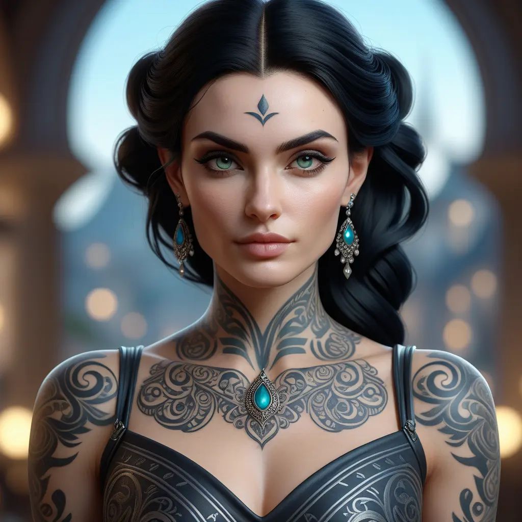 Matte portrait of Morgana with tattoos, 8k, Highly Detailed, Alluring, Artstation, Bokeh effect, Sharp Focus, Volumetric Lighting, Concept Art by Stanley Artgerm Lau, Greg Rutkowski