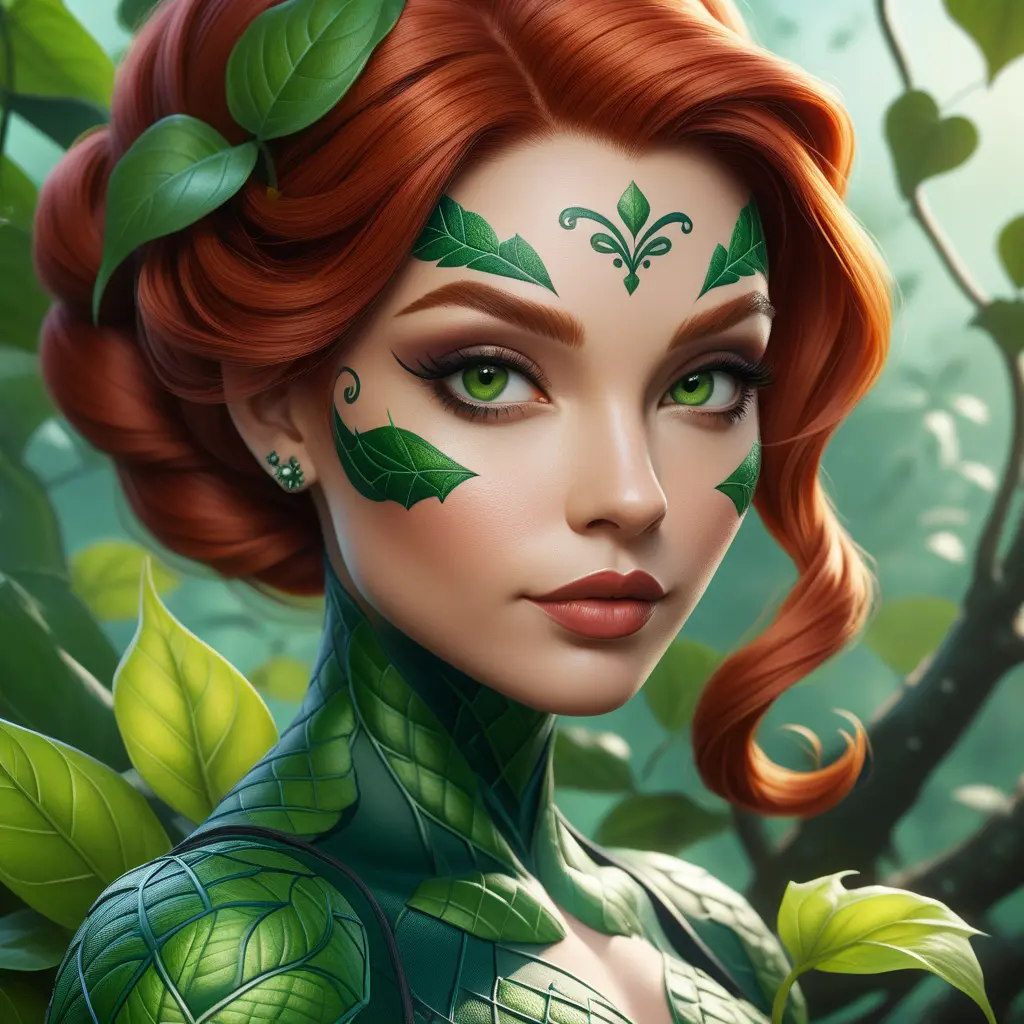 Closeup matte portrait of a tattooed Poison Ivy, 8k, Highly Detailed, Intricate, Artstation, Matte Painting, Sharp Focus, Concept Art by Stanley Artgerm Lau, Greg Rutkowski