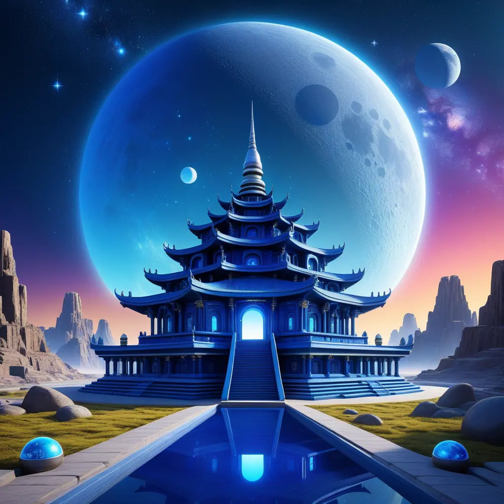 Cosmic round beautiful indigo temple in the center of a futuristic community. Extraterrestrial landscape. Planet sirius. The moon and stars can be seen in the sky even during the day., Sci-Fi, Volumetric Lighting, Vibrant Colors by Greg Rutkowski