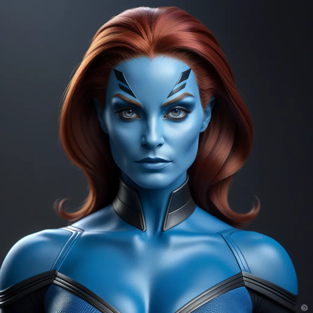 Alluring matte portrait of a beautiful Mystique from Xmen in the style of Stefan Kostic, 8k, Highly Detailed, Intricate, Half Body, Realistic, Sharp Focus, Volumetric Lighting, Fantasy, Elegant by Stanley Artgerm Lau, Greg Rutkowski