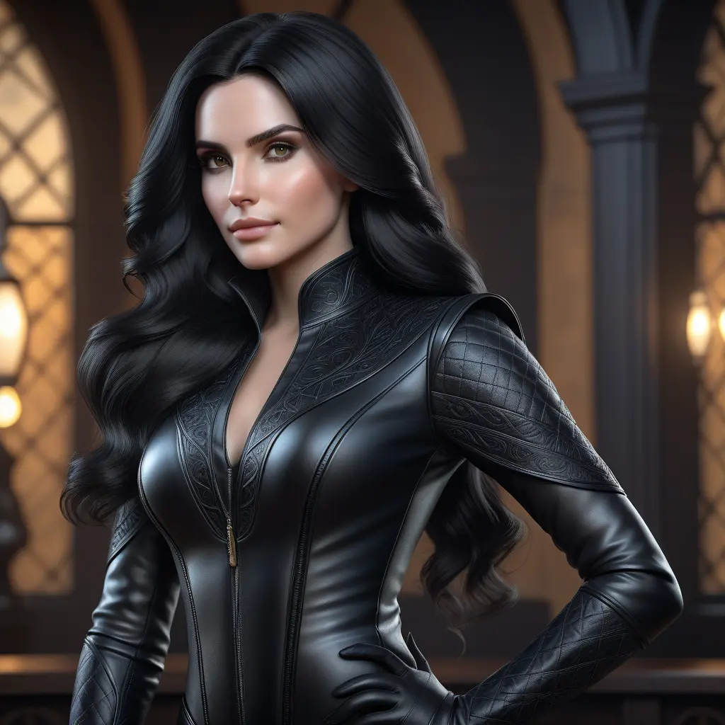 Alluring matte portrait of a beautiful Yennefer wearing a black leather full body suit, 8k, Highly Detailed, Intricate, Realistic, Sharp Focus, Volumetric Lighting, Fantasy, Elegant by Stanley Artgerm Lau, WLOP