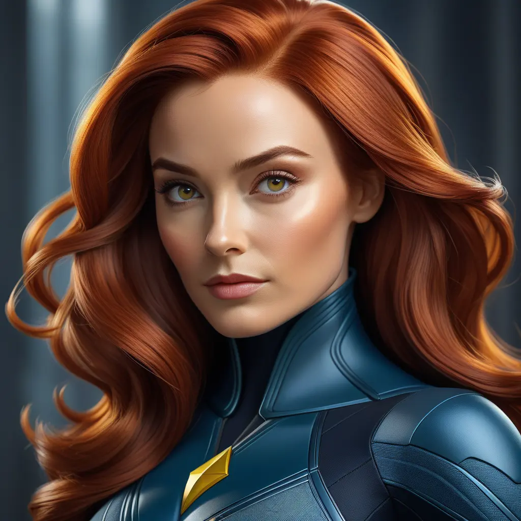 Alluring matte portrait of a beautiful Jean Grey from Xmen in the style of Stefan Kostic, 8k, Highly Detailed, Intricate, Half Body, Realistic, Sharp Focus, Volumetric Lighting, Fantasy, Elegant by Stanley Artgerm Lau, Greg Rutkowski