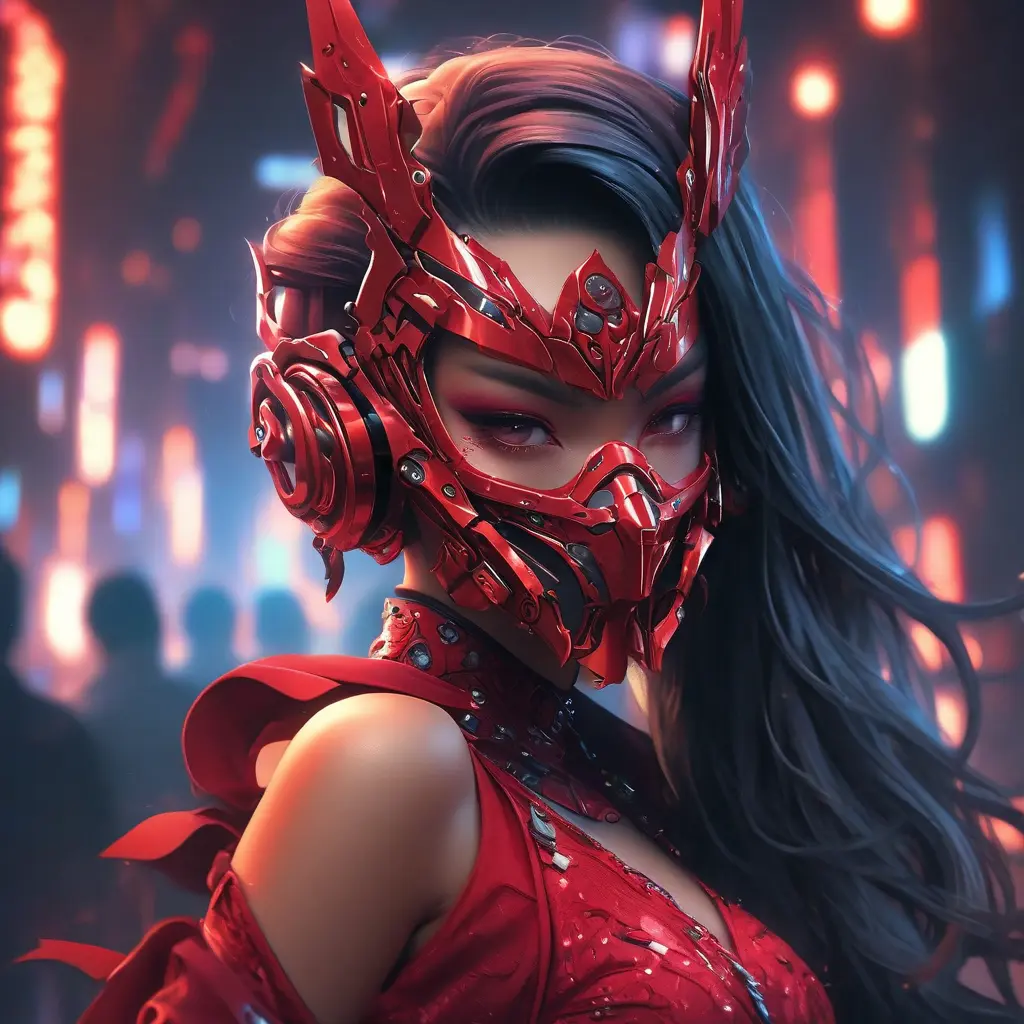 Asian cyberpunk feme fatale in expensive red dress with mask at a masquerade ball smart but dangerous in a high-tech club., Cyberpunk, Photo Realistic