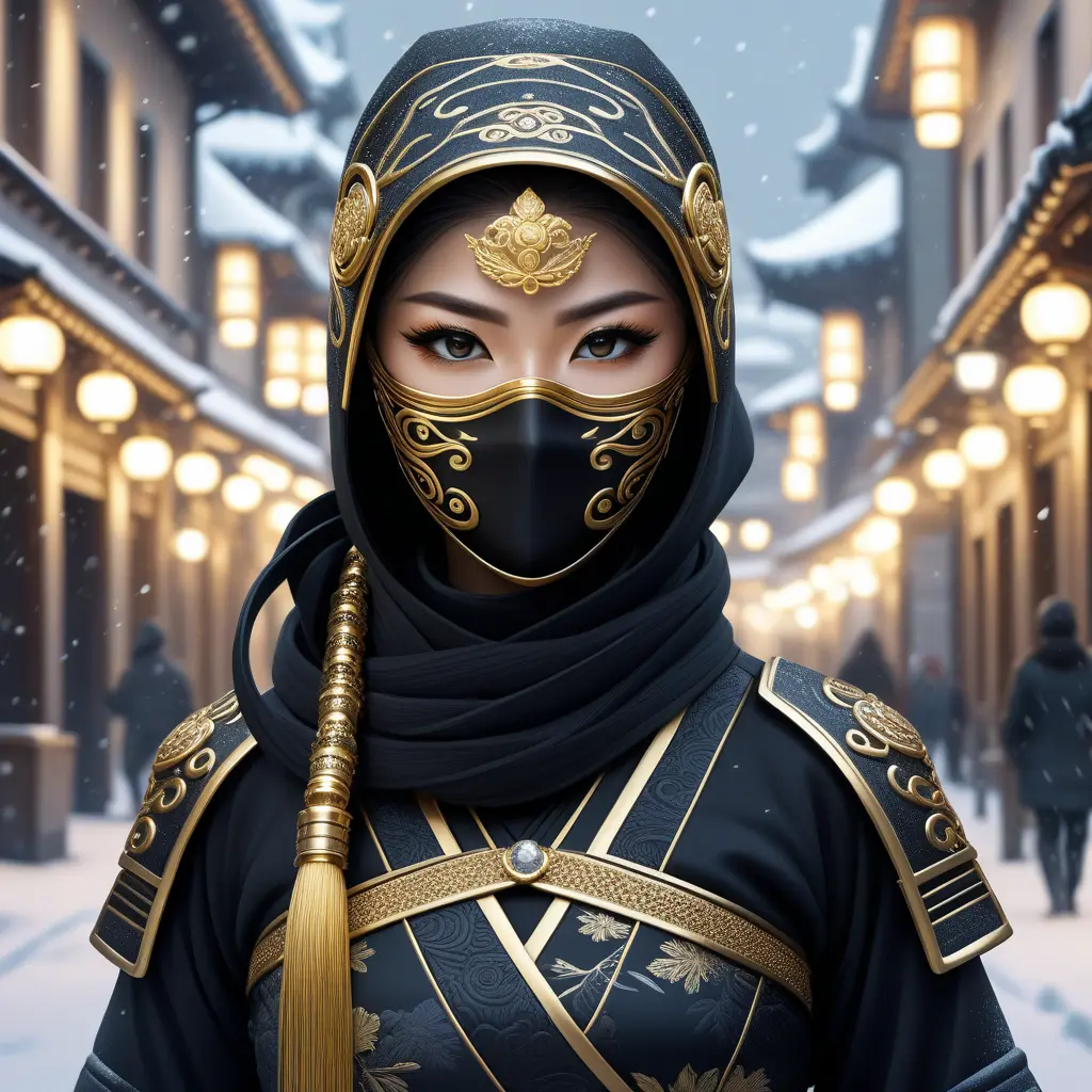 Wallpaper of a mysterious beautiful masked kunoichi ninja wearing eyeliner and gold jewelry in the streets of a dark snowy town in moscow, fluid motion, 8k, Intricate Details, Trending on Artstation, Beautiful, Stunning, Centered by Stanley Artgerm Lau, WLOP