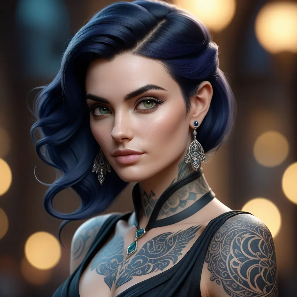 Matte portrait of Morgana with tattoos, 8k, Highly Detailed, Alluring, Artstation, Bokeh effect, Sharp Focus, Volumetric Lighting, Concept Art by Stanley Artgerm Lau, Greg Rutkowski