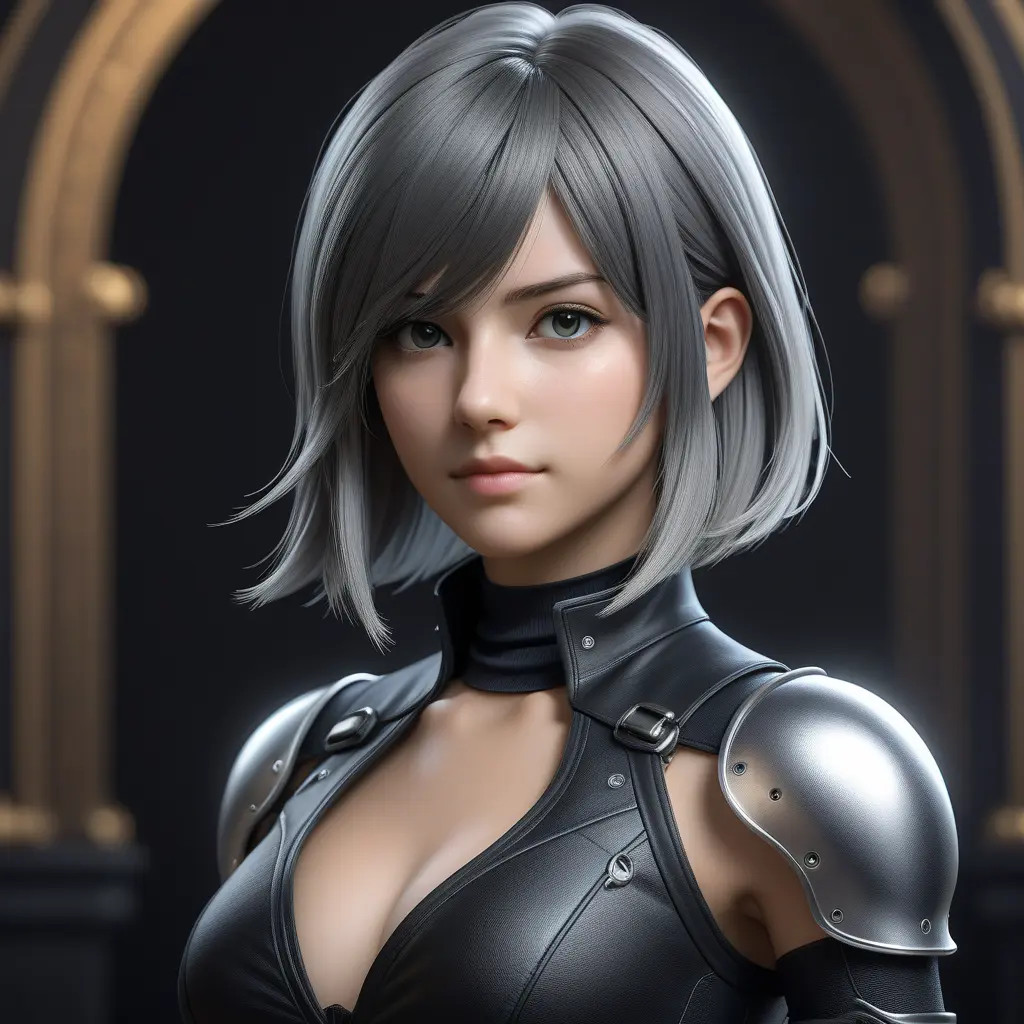 Alluring matte half body portrait of a beautiful A2 from Nier Automata wearing tight black leather, 8k, Highly Detailed, Intricate, Realistic, Sharp Focus, Volumetric Lighting, Fantasy, Elegant by Stanley Artgerm Lau, WLOP