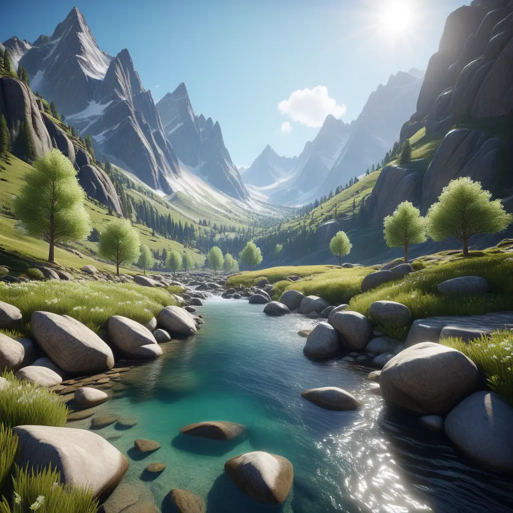 Lake in mountains streams and rivers flow down slopes of mountains and rocks into the valley spring in mountains, 8k, Award-Winning, Highly Detailed, Beautiful, Octane Render, Unreal Engine, Radiant, Volumetric Lighting by Greg Rutkowski