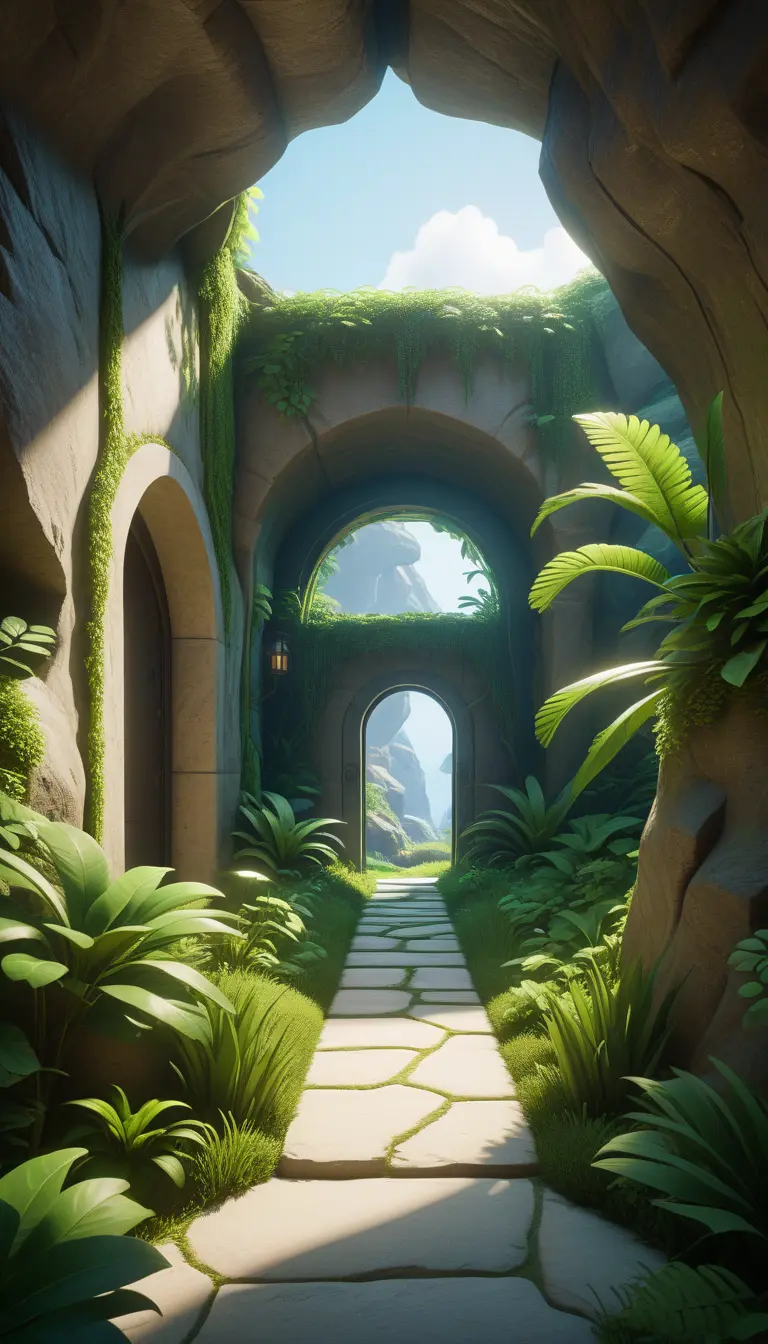 Arc hallway for secret overwatch habitation quarters carved inside a cave surrounding a lush garden, 8k, Trending on Artstation, Minimalism, Unimaginable Beauty, Sharp Focus, 3D Rendering, Unreal Engine, Natural Light, Concept Art, Naturalism