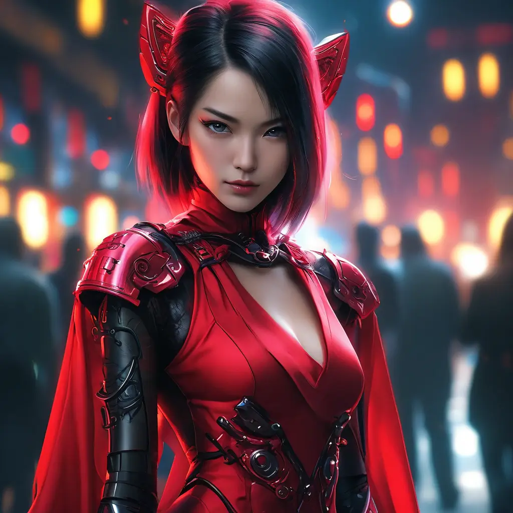 A dangerously armed asian feme fatale in silk red dress at a masquerade ball, Cyberpunk, Sci-Fi, Photo Realistic