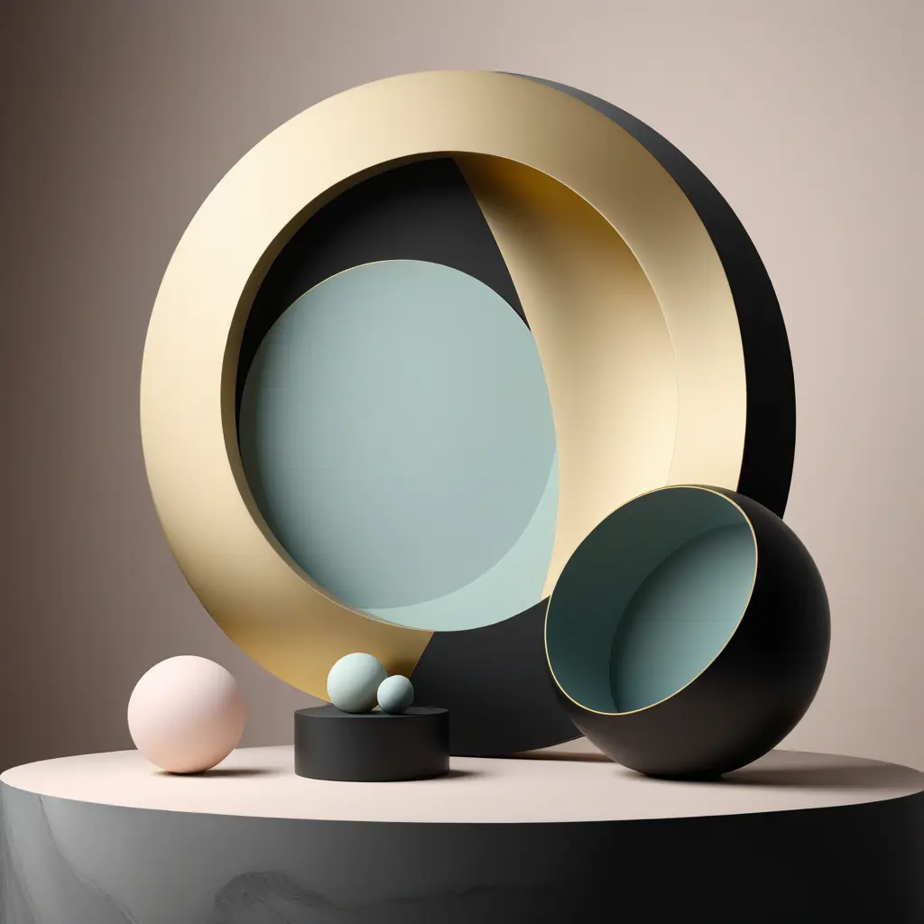 Muted tones of pastel black and gold, evoking a sense of calmness, endless muse, Minimalism, Digital Art, 3D art, Elegant