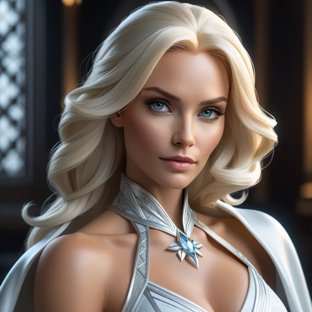 Alluring matte portrait of a beautiful Emma Frost: from Xmen in the style of Stefan Kostic, 8k, Highly Detailed, Intricate, Half Body, Realistic, Sharp Focus, Volumetric Lighting, Fantasy, Elegant by Stanley Artgerm Lau, Greg Rutkowski