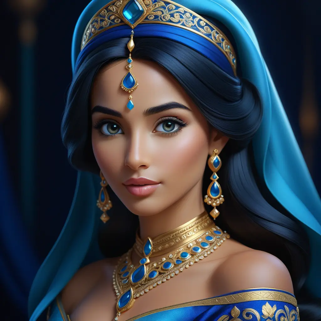 Matte portrait of the beautiful Princess Jasmine in dark blue, 8k, Highly Detailed, Intricate, Realistic, Sharp Focus, Volumetric Lighting, Fantasy, Elegant by Stanley Artgerm Lau, WLOP, Stefan Kostic