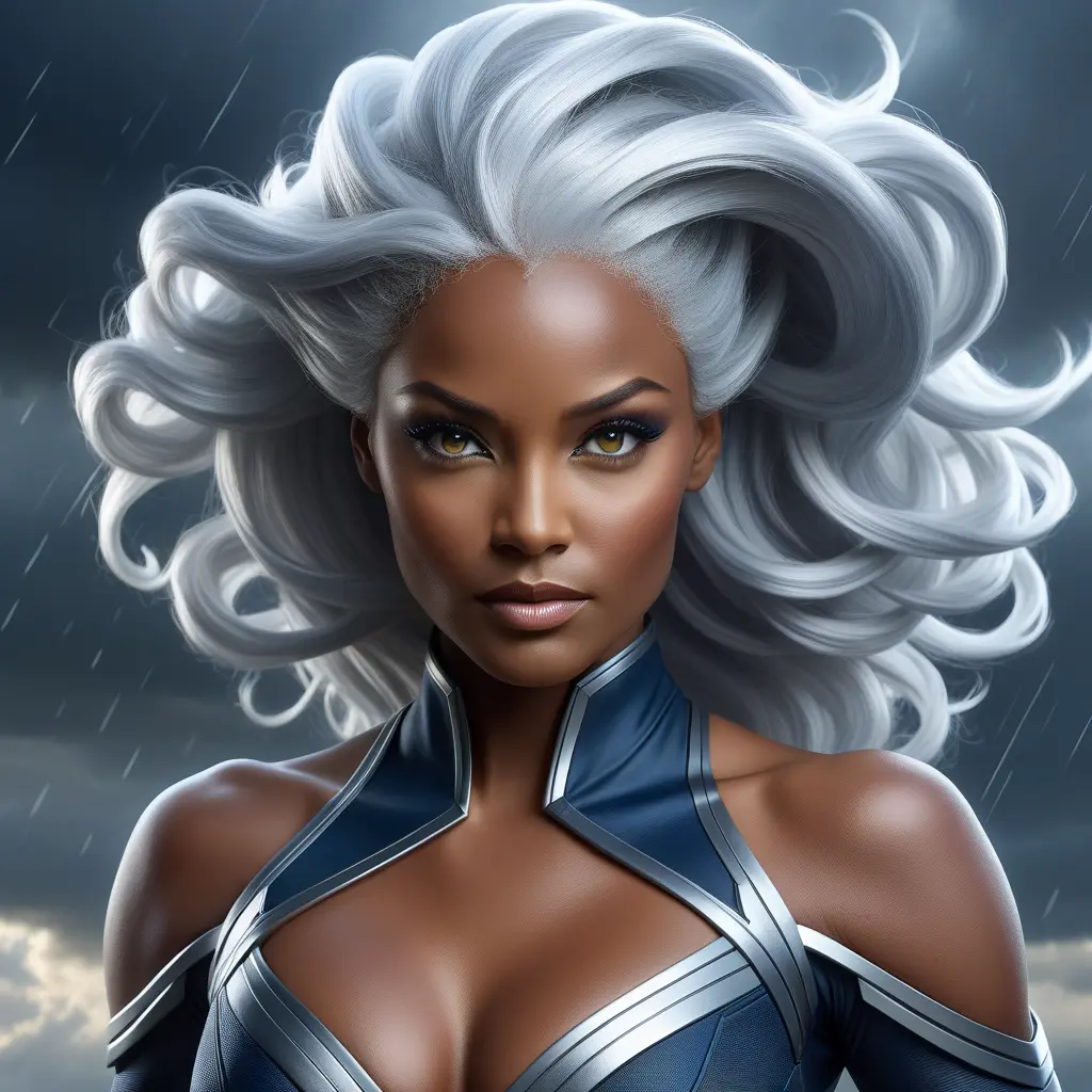 Alluring matte portrait of a beautiful Storm from Xmen in the style of Stefan Kostic, 8k, Highly Detailed, Intricate, Half Body, Realistic, Sharp Focus, Volumetric Lighting, Fantasy, Elegant by Stanley Artgerm Lau, Greg Rutkowski