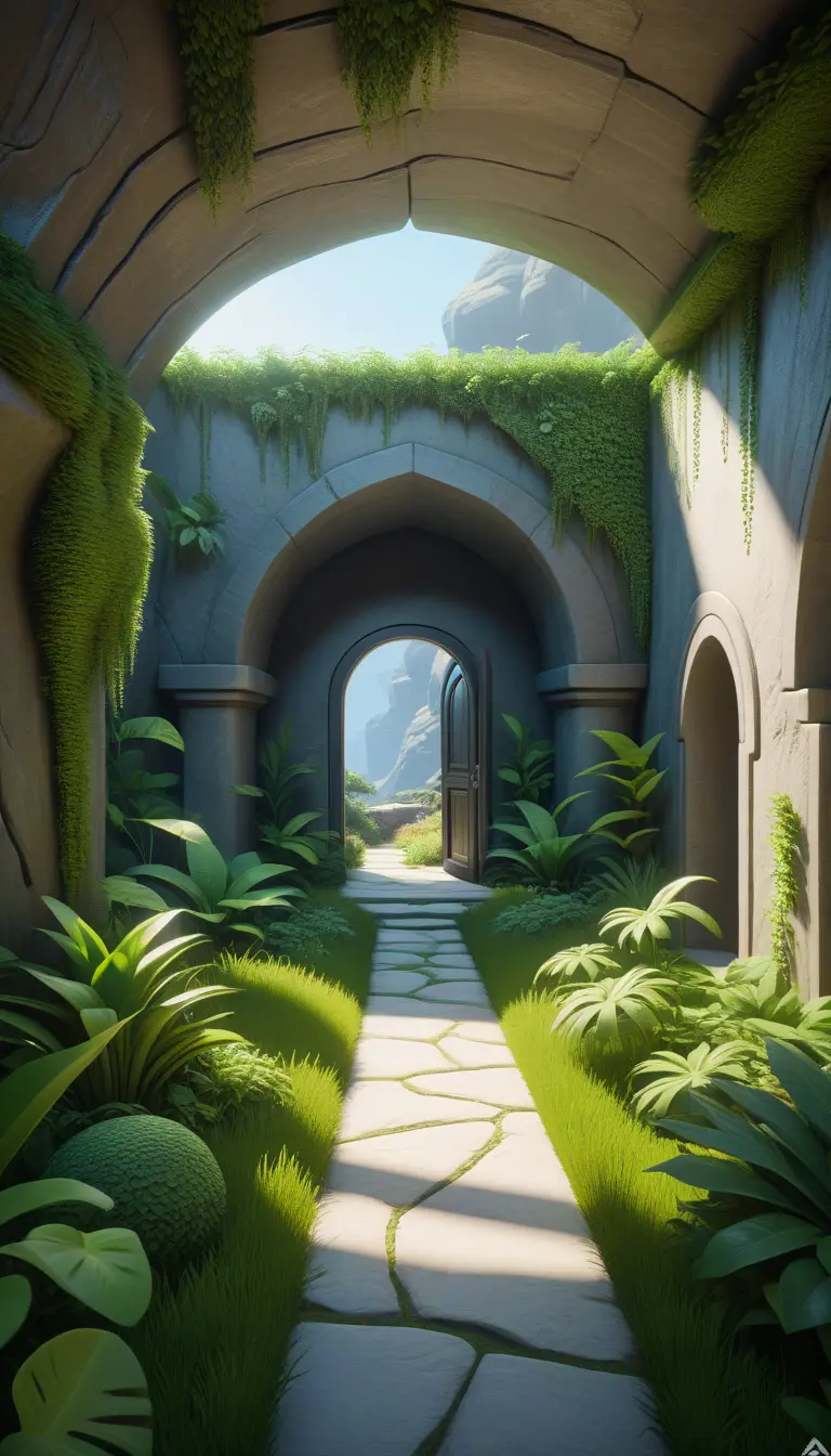 Arc hallway for secret overwatch habitation quarters carved inside a cave surrounding a lush garden, 8k, Trending on Artstation, Minimalism, Unimaginable Beauty, Sharp Focus, 3D Rendering, Unreal Engine, Natural Light, Concept Art, Naturalism